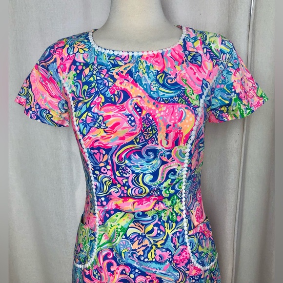 Lilly Pulitzer Shift Dress Pink Blue Floral Short Sleeve Crew Neck Knee Length 2 - Picture 4 of 16